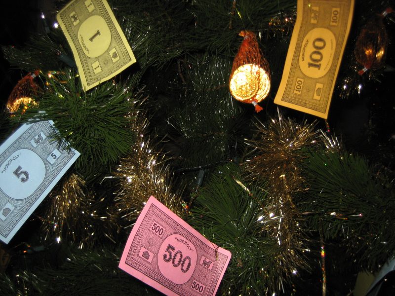 monopoly money on christmas tree